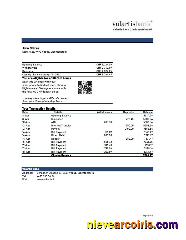 Liechtenstein Valartis bank statement